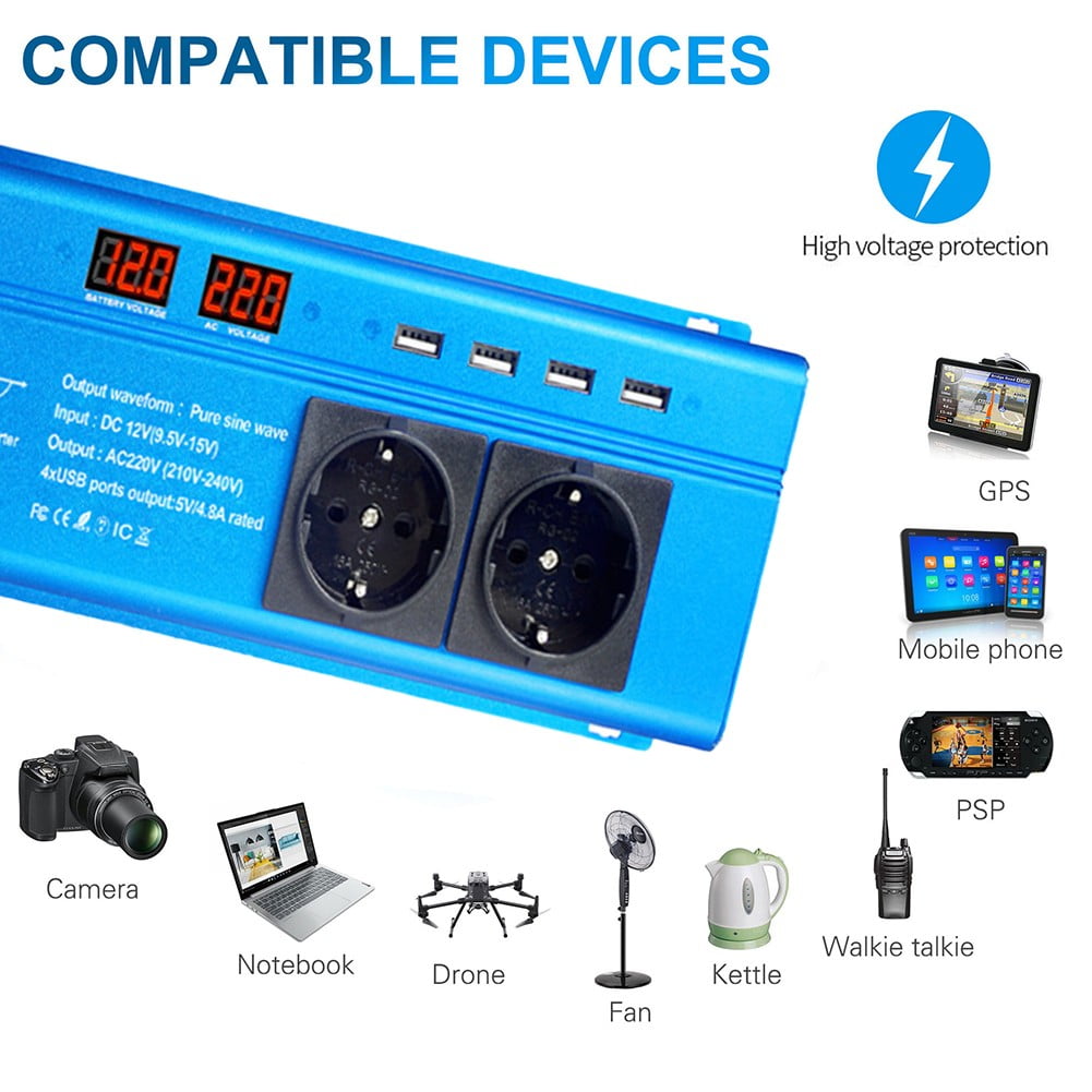Pure Sine Wave Power Inverter 3000W DC 12V/24V to AC 110V/220V with LCD Display 4 USB Ports