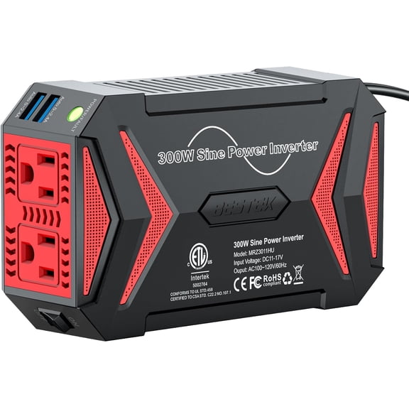Pure Sine Wave Power Inverter - 300W Car Plug in Charger Outlet DC 12V to 110V AC Cigarette Lighter Adapter with 4.8A Dual USB Fast Charging Ports for Phone, Laptop, CPAP Black