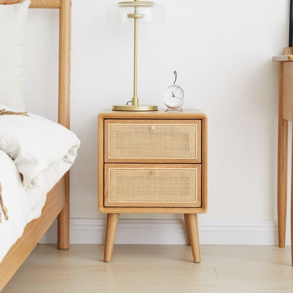 Pure Solid Oak Bedside Cabinet, Modern Simple Nightstand with Handmade Rattan Woven Surface and Eco-Friendly Varnish, Nordic Style Storage Cabinet for Bedroom, Natural