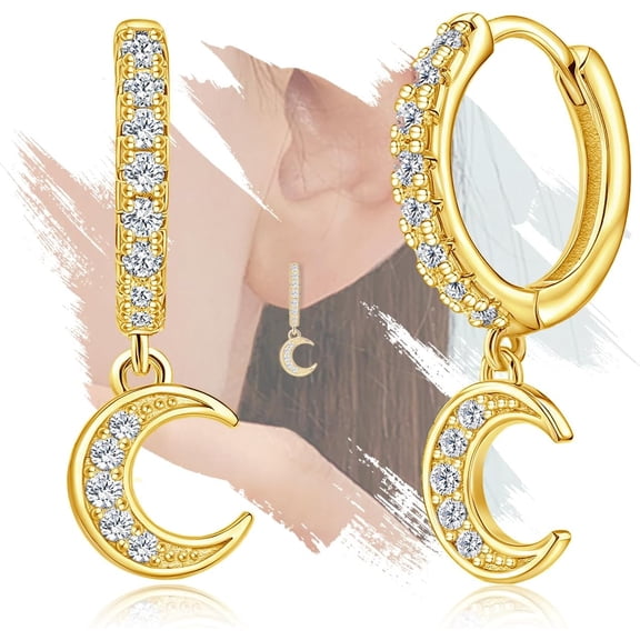 Pure Sterling Top Silver Gold Moon Hoop Earrings with Dangle Hypoallergeic Moon Shaped Earrings for Sensitive Ears for Women[c714]