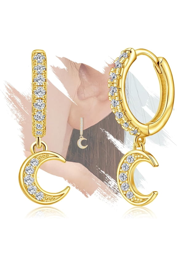 Pure Sterling Top Silver Gold Moon Hoop Earrings with Dangle Hypoallergeic Moon Shaped Earrings for Sensitive Ears for Women[c714]