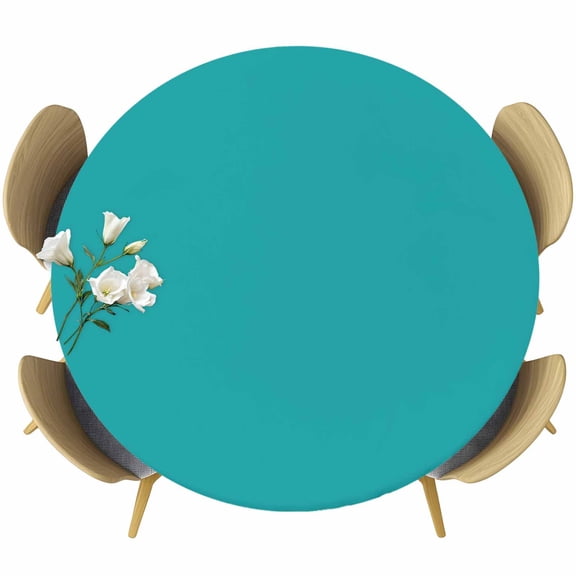 Pure Teal Green Table Cloth, Round Fitted Tablecloths with Elastic Edge, Simple Solid Color Wipeable Waterproof Table Cover for Kitchen Wedding 55-60 Inches