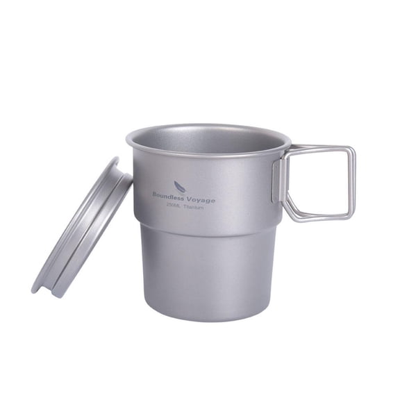 Pure Titanium Camping Cup, 250mL Single-Wall Coffee Mug with Folding Handles for Hiking, Backpacking & Outdoor Use, With Lid