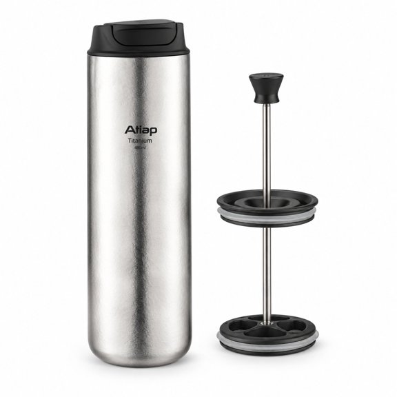 Pure Titanium French Press Coffee Maker, Double-Walled Vacuum Insulated, 480ml, Ice Crystal, Leak-Proof for Travel and Camping