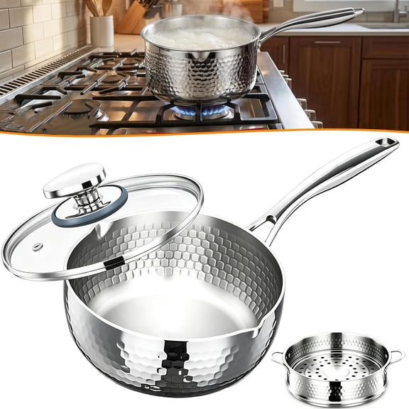 Pure Titanium Hammered Saucepan with Lid - No Coating Non-Stick Pot with Steamer for Induction, Gas and Electric Cooktops