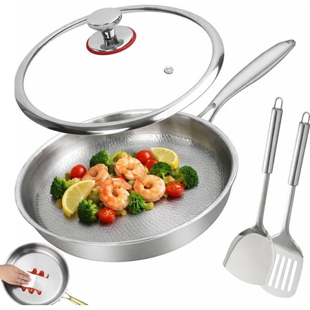 Titanium Pan, Titanium Hammered Non-Stick Frying Pan with Lid - No Coating Cookware for All Stovetops, Induction, Gas, Electric - Home Titanium Cookware (With lid, 10.23)