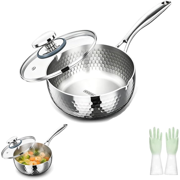 Pure Titanium Saucepan with Lid, 4 QT Hammered Titanium Pot with Dual Pour Spouts, No Coating Easy Clean Cookware for Soups Sauces, Compatible with All Cooktops (With Lid,7.08in)