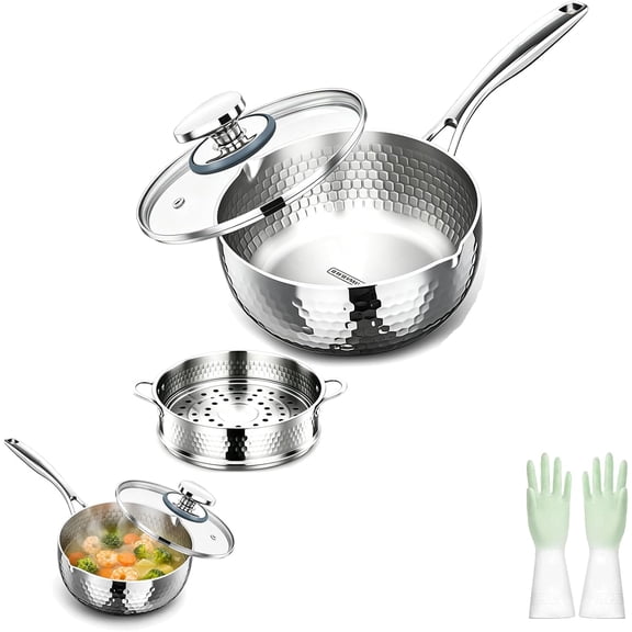 Pure Titanium Saucepan with Lid, 4 QT Hammered Titanium Pot with Dual Pour Spouts, No Coating Easy Clean Cookware for Soups Sauces, Compatible with All Cooktops (With Lid+ Steamer,7.87in)