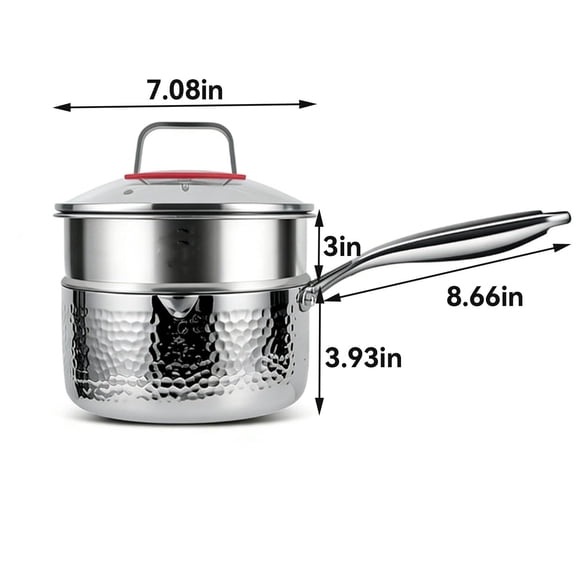 Pure Titanium Saucepan with Lid, Non-Coated Titanium Cooking Pan with Dual Pour Spouts and Hammered Finish, Fast Heating Cookware Compatible with Gas Induction and Electric Cooktops 7.09in