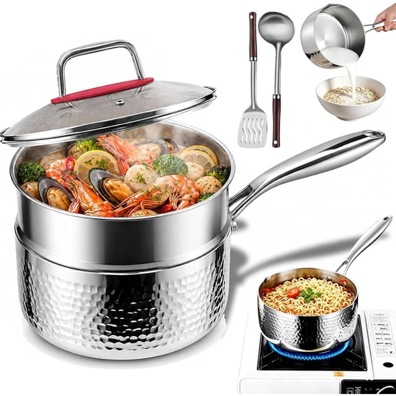 Pure Titanium Saucepan with Lid, Upgrade 1.5/2/3/4 Qt No Coating Non Stick Hammered Titanium Pan with Dual Pour Spouts, Fast Even Heating Sauce Pan for Cooking with All Cooktops (Steamer-1.5Qt)