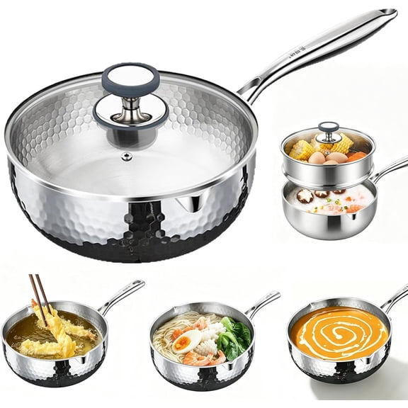 Pure Titanium Saucepan with lid, No Coating Non Stick Hammered Pan with Steamer, Ultra-Durable Titanium Pots for Cooking & Frying Even Heating, Compatible With All Cooktops,7.08" Pot Only