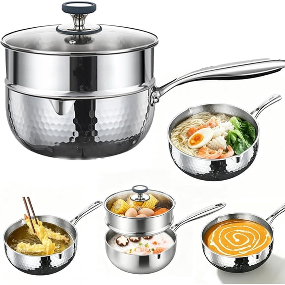 Pure Titanium Saucepan with lid, No Coating Non Stick Hammered Pan with Steamer, Ultra-Durable Titanium Pots for Cooking & Frying Even Heating, Compatible With All Cooktops，8.66" w/Steam