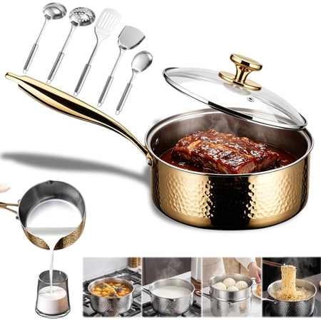 Pure Titanium Saucepan with Lid, 1.5/2/3/4 QT Non-Stick No Coating Pure Titanium Pan, Dual Pour Spouts Hammered Pan, Fast Even Heating
