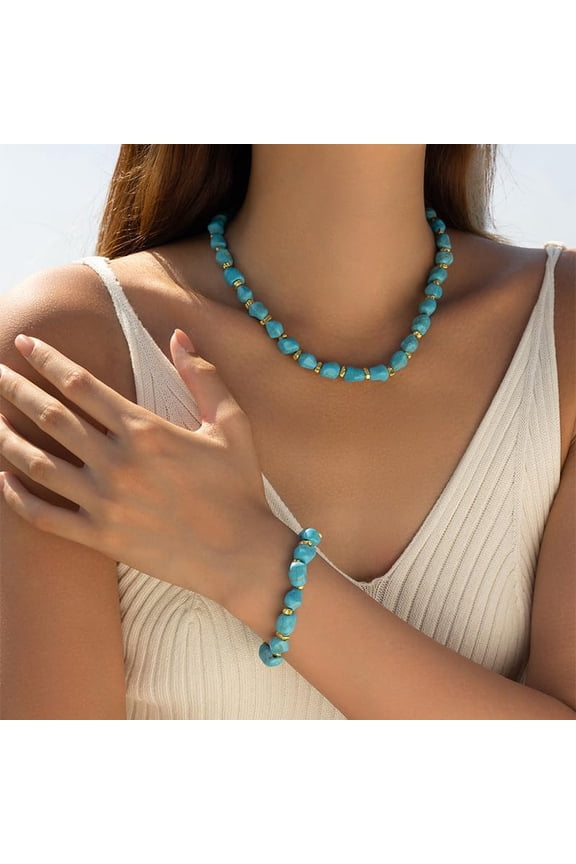 Pure Turquoise Stone Necklace And Pure Turquoise Bracelet,Statement Jewelry Set Of 2