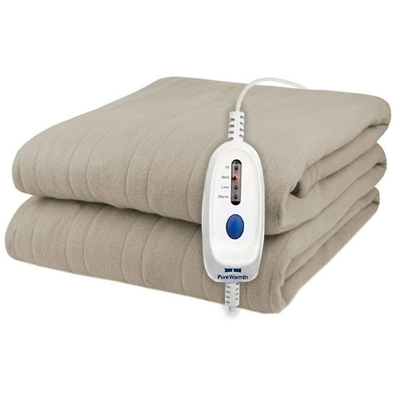 Pure Warmth Solid Flannel Electric Heated Warming Full Blanket Beige