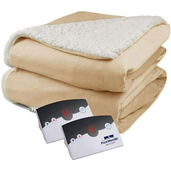 Pure Warmth Velour Sherpa Electric Blanket - Warm King Size Heating Blanket with Auto Shut Off and 10 Heat Settings - Linen
