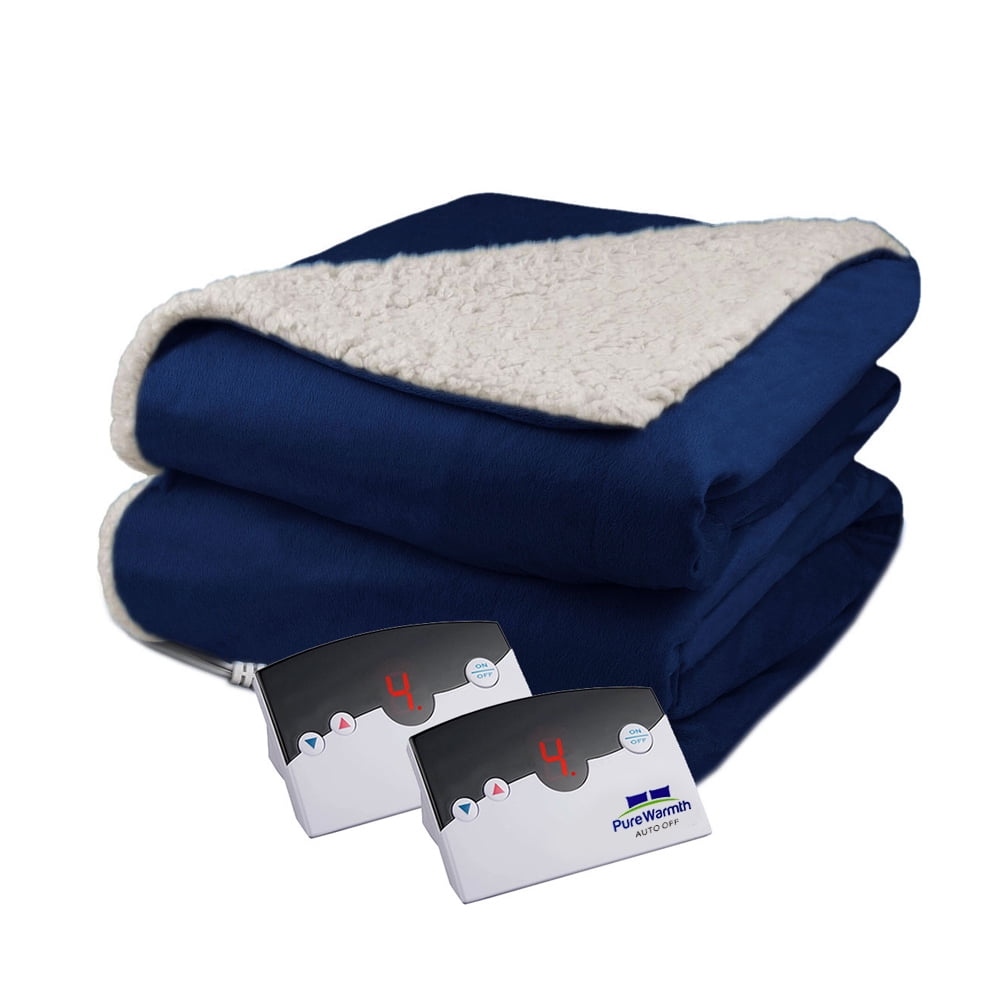 Pure Warmth Velour Sherpa Electric Heated Warming Blanket King Navy