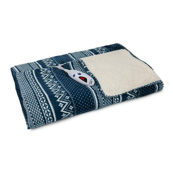 Pure Warmth Velour Sherpa Electric Heated Warming Throw Blanket Navy Nordic
