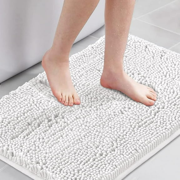 Pure White Bath Rug Super Soft Microfiber Non Slip Mat Absorption Shaggy Shower Rugs for Bathroom, Easy Care Machine Wash, 20 x 32 Inch