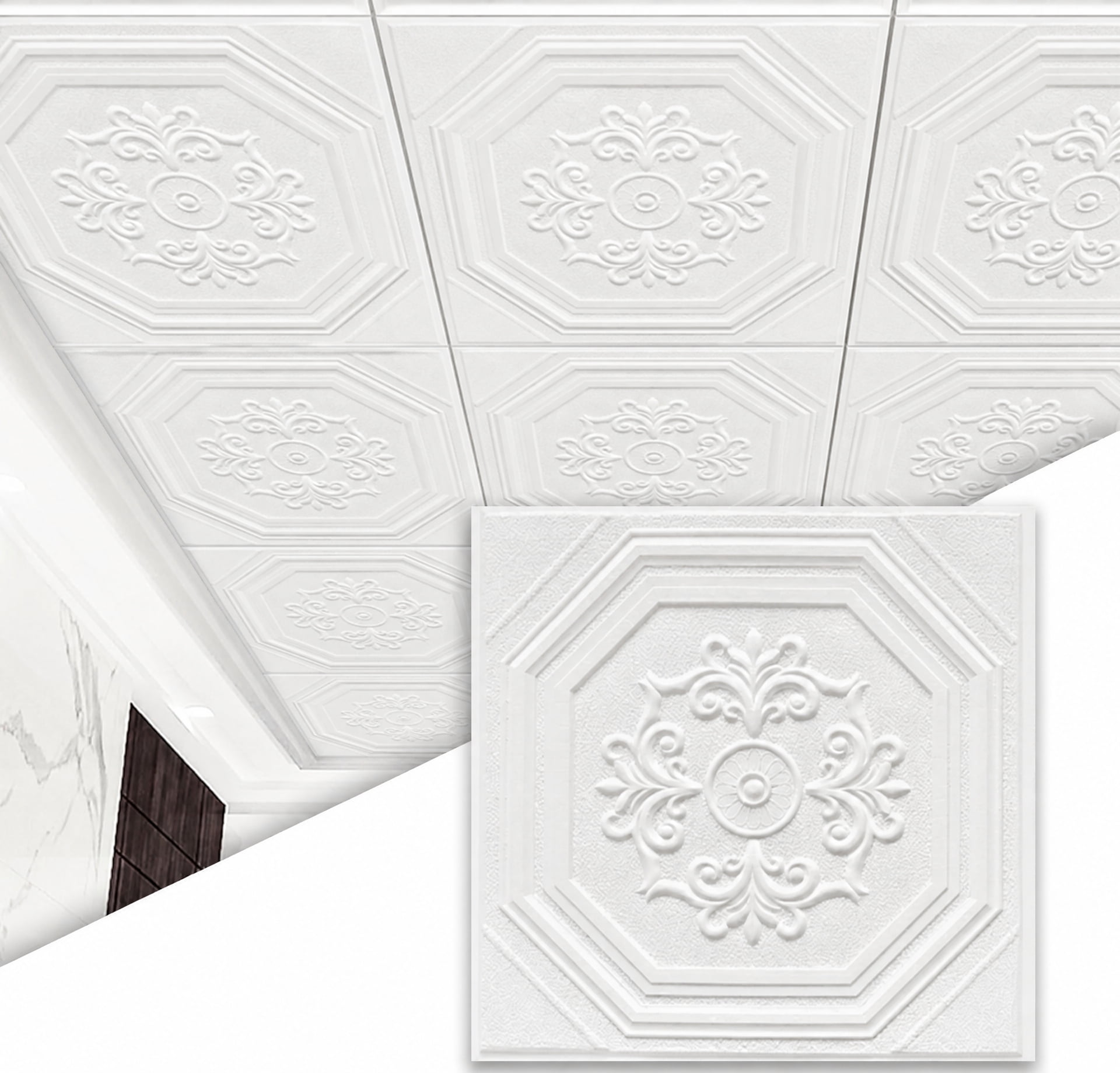 Pure White Ceiling Tiles Peel and Stick 32 Pcs Covering Area 42 Sq. ft. 13.8" x 13.8" Peel and Stick Ceiling Tiles 3D Wall Panels Easy to Install & Cut