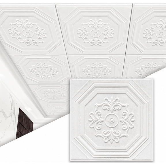 Pure White Ceiling Tiles Peel and Stick 32 Pcs Covering Area 42 Sq. ft. 13.8" x 13.8" Peel and Stick Ceiling Tiles 3D Wall Panels Easy to Install & Cut