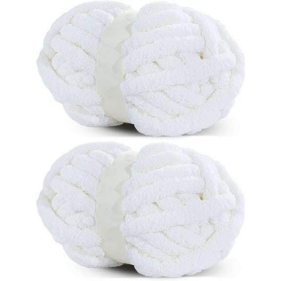 Pure White Chunky Chenille Yarn for Crocheting, Bulky Thick Fluffy Yarn for Knitting,Super Bulky Chunky Yarn for Hand Knitting Blanket, Soft Plush Yarn, 2 Jumbo Pack (27 yds,8 oz Each Skein)