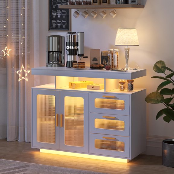 Pure White Coffee Bar Cabinet with Glass Doors, LED Lighting & Charging