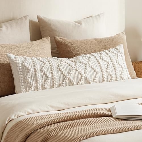Pure White Decorative Lumbar Pillow Cover 14x36, Boho Long Throw Pillow for Bed, Accent Lumbar Throw Pillow Case, Modern Farmhouse Textured Lumbar Cushion (Cover ONLY)