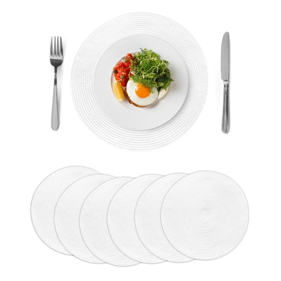 Pure White Round 13 Inch Placemats Set of 6, Simple Solid Color HeatResistant Non Slip Place Mats for Dining Table, Wipeable Braided Kitchen Table Mats for Housewarming