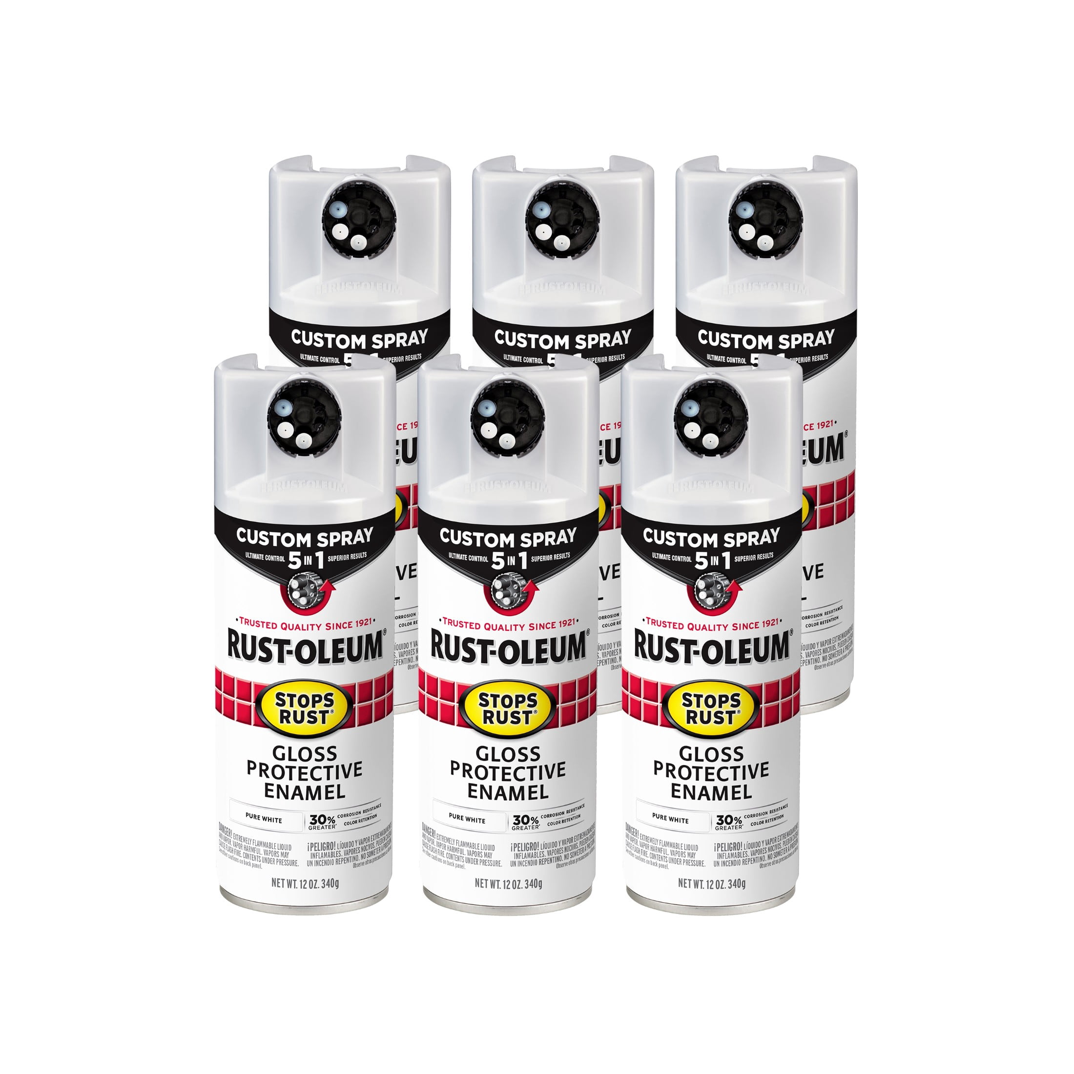 6 Pack, Pure White, Rust-Oleum Stops Rust Custom Spray 5 in 1 Gloss Spray Paint-384745, 12 oz