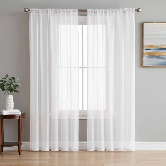 Pure White Semi Sheer Window Curtains 96 Inches Long, Simple Solid Color Rod Pocket Voile Silky Chiffon Curtain Light Filtering Drapes for Living Room, Kitchen, Bedroom, 52"x96", 2 Panels