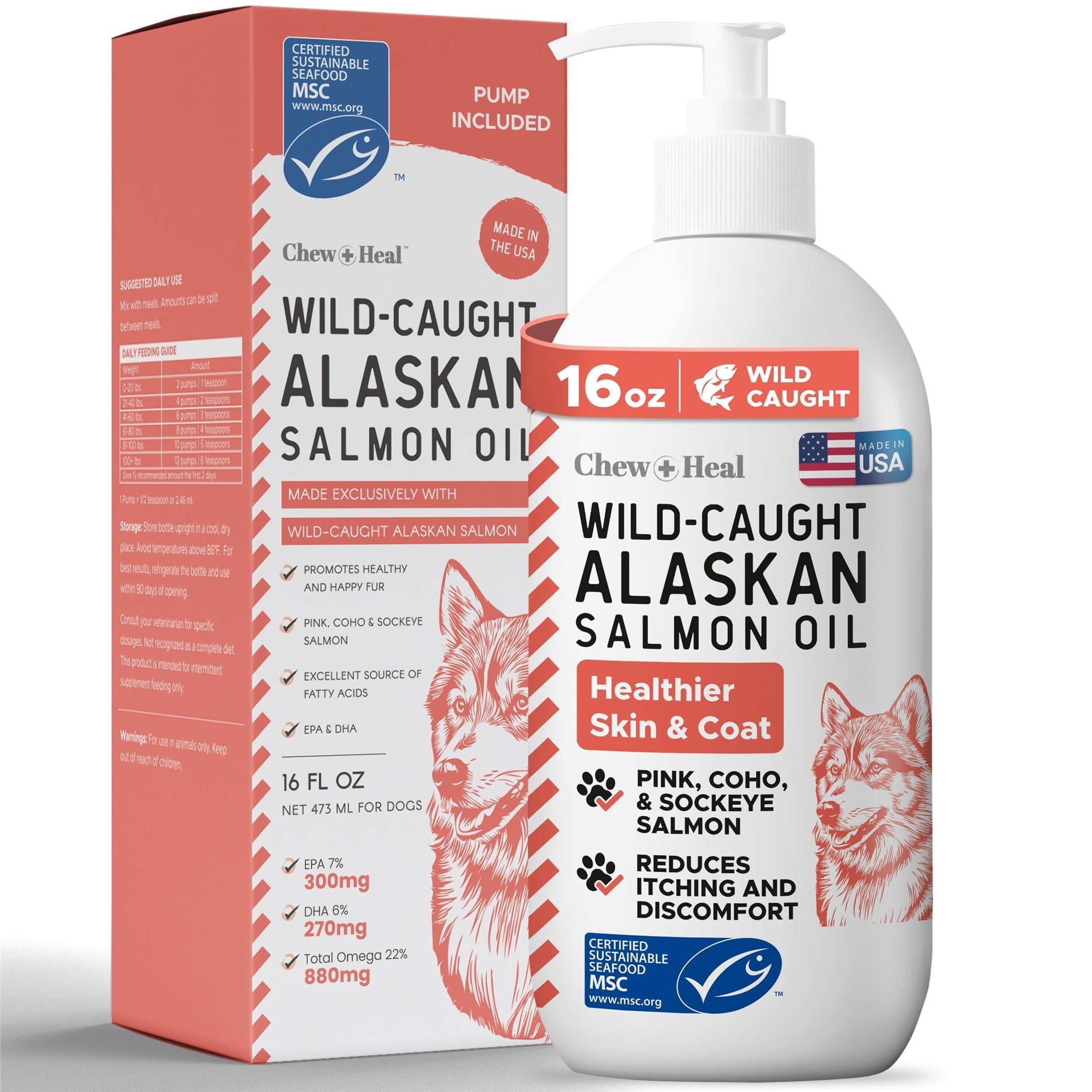 Chew + Heal Pure Wild Caught Alaskan Salmon Oil for Dogs - MSC Certified - 16 oz. Pump Cap - Omega-3 and 6, EPA, and DHA