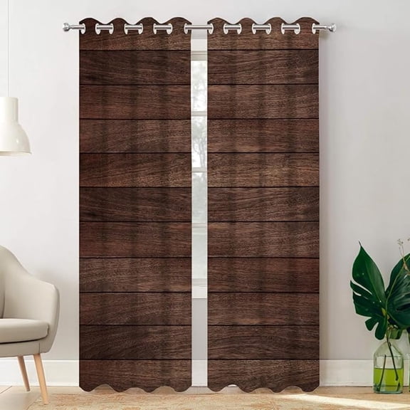 Pure Wood Dark Blackout Curtains For Bedroom, Brown Plank Grommet Top Drapes Thermal Insulated Window Curtain 26"W x 45"L (Pack of 2)