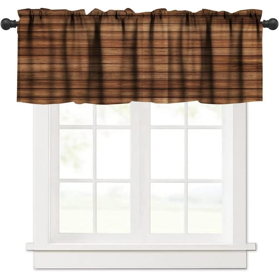 Pure Wood Dark Valance Curtain Brown Plank Rod Pocket Valance Window Treatments 1 Panel Short Curtains for Kitchen Farmhouse Living Room Bathroom Bedroom 54 x 18 in