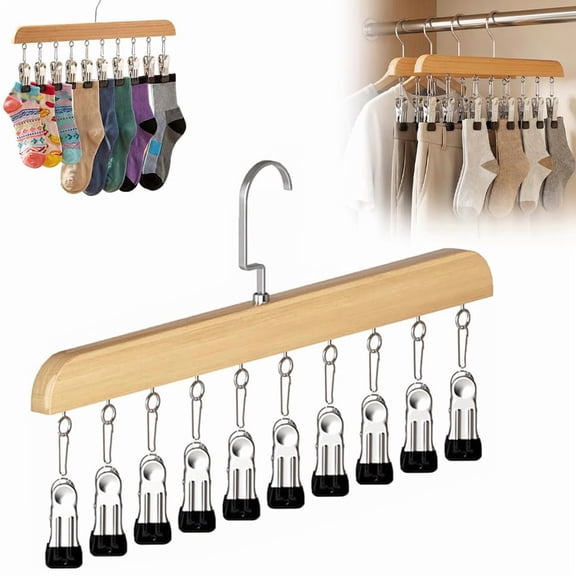 Pure Wood Rotating Closet Organizer, 360° Space Saving Hanging Rack with 10 Clips for Leggings, Jeans, Hats, Shorts, Socks