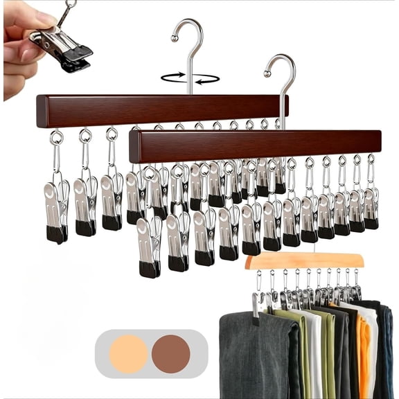 Pure Wood Rotating Closet Organizer, Upgraded Multi-Functional Closet Organizer with 12 Clips, Space Saving Multi-use Hanging Leggings Storage Organizer Scarf Hangers for Home Use