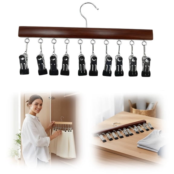 Pure Wood Rotating Closet Organizer With 10 Clips, Space Saving Hanging Closet Organizer, Anti-Slip Secure Clips, 360° Rotating Clothespin For Home