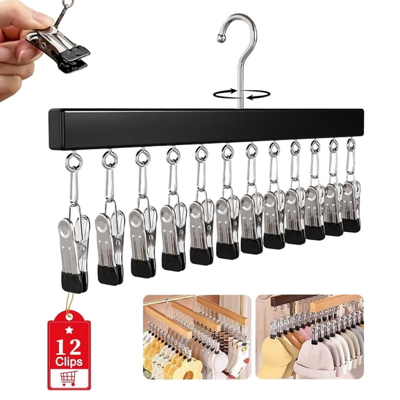 Pure Wood Rotating Closet Organizer with 10 Clips, Multi-Layer Solid Wood Rotating Hanger, Vertical Space Saver for Jeans Leggings Skirts