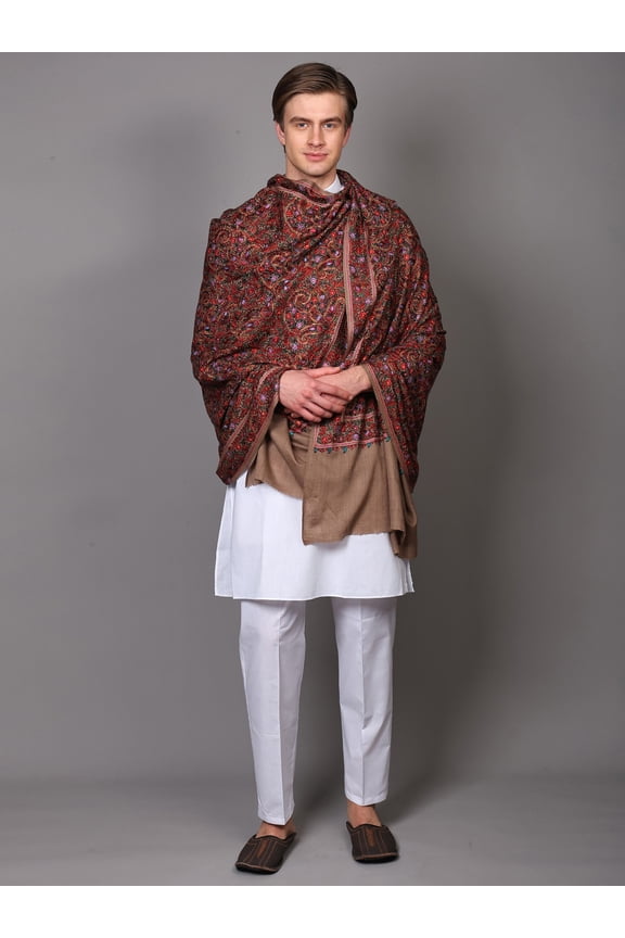 Pure Wool Diamond Weave Shawl from Kashmir with Intricate Heavy Thread Embroidered Paisley and Flowers Doeskin