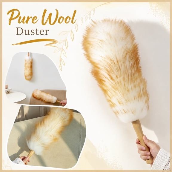 Pure Wool Duster with Wooden Handle, Soft Anti-Static Natural Lambswool Feather Duster,Reusable Washable Dust Brush for Home Office Furniture Shelf Car, Hanging Hole for Easy Storage, 18.1 in.