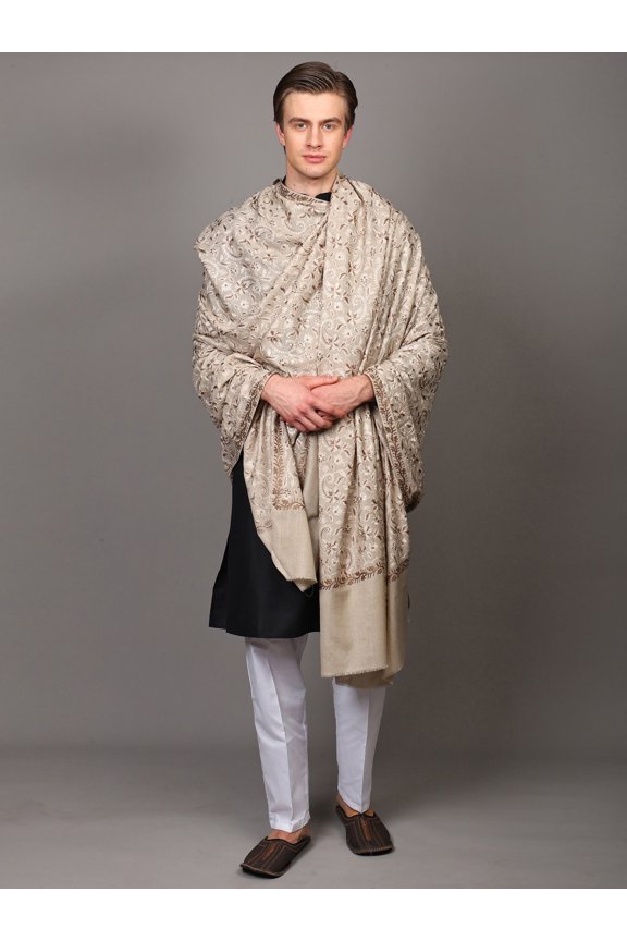 Pure Wool Men's Shawl from Amritsar with All-Over Aari Embroidered Paisley Vines – Fog