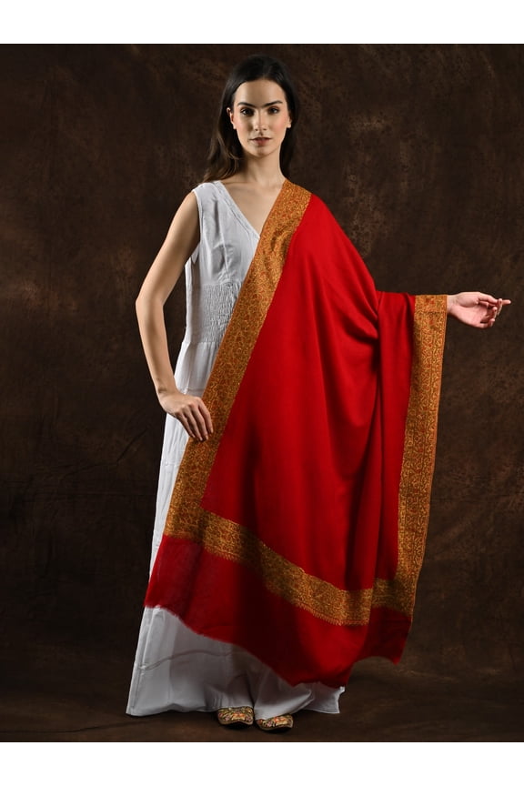 Pure Wool Plain Kashmiri Tusha Shawl with Sozni Hand Embroidered Wide Border – Mars Red