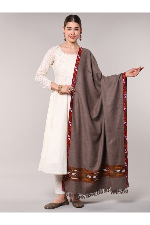 Pure Wool Plain Shawl from Kullu with Kinnauri Woven Border – Leafless Tree