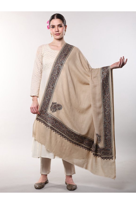 Pure Wool Shawl with Thread Embroidered Border Paisley and Corners from Amritsar – Safari
