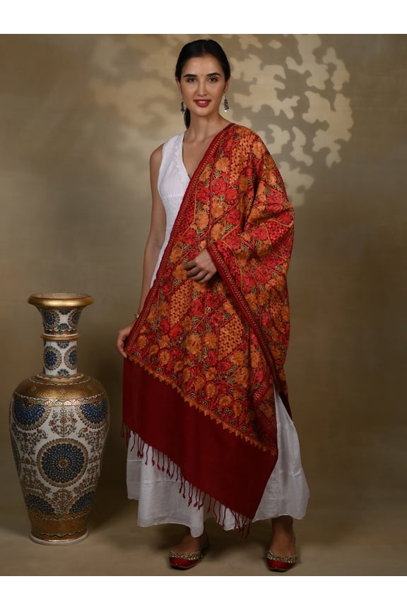 Pure Woolen Stole with Detailed Traditional Aari Threadwork from Kashmir – Maroon Red