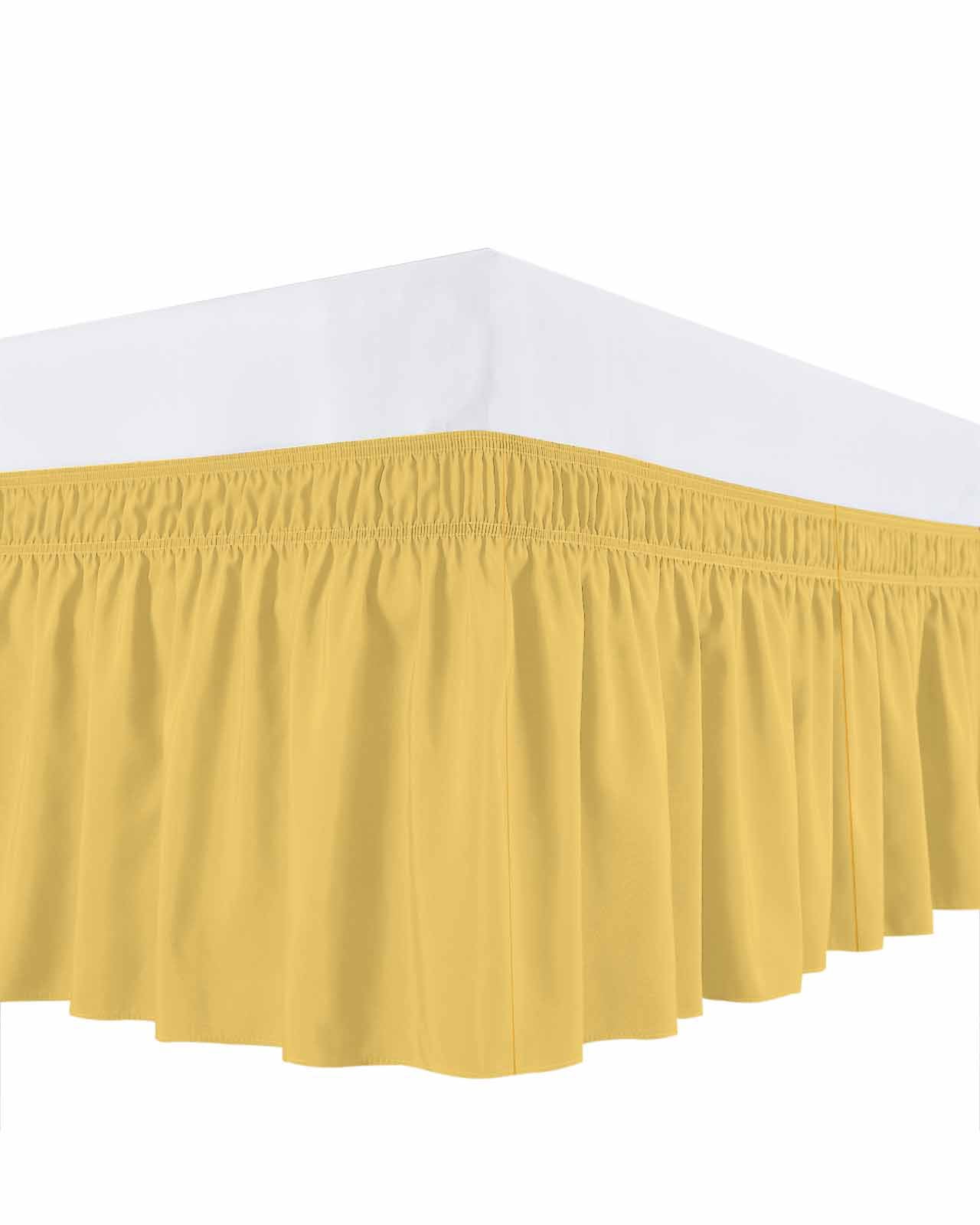 Pure Yellow Bed Skirt King Size, Simple Solid Color Wrap Around Bed Skirting with Adjustable Elastic Strap, Dust Ruffle Pleated Bedskirts 16 Inch Drop for Bedroom King Beds