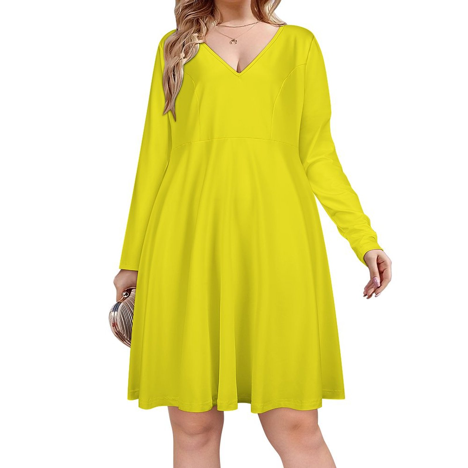 Pure Yellow Long Sleeve Sexy Dresses For Women Ladies Vintage Elegant — free download
