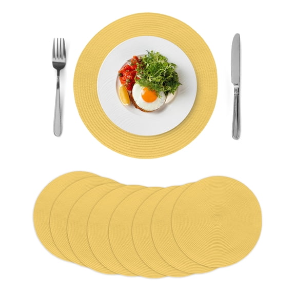 Pure Yellow Round 13 Inch Placemats Set of 8, Simple Solid Color HeatResistant Non Slip Place Mats for Dining Table, Wipeable Braided Kitchen Table Mats for Housewarming