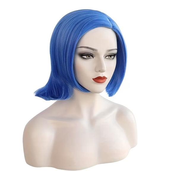 Pure blue short straight hair wig with bangs, three-dimensional sideburn design, everyday versatile wig