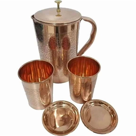 Pure copper Embossed 1500 ml Jug & 2 Glass 300 ml pitcher drinkware Indian Handmade